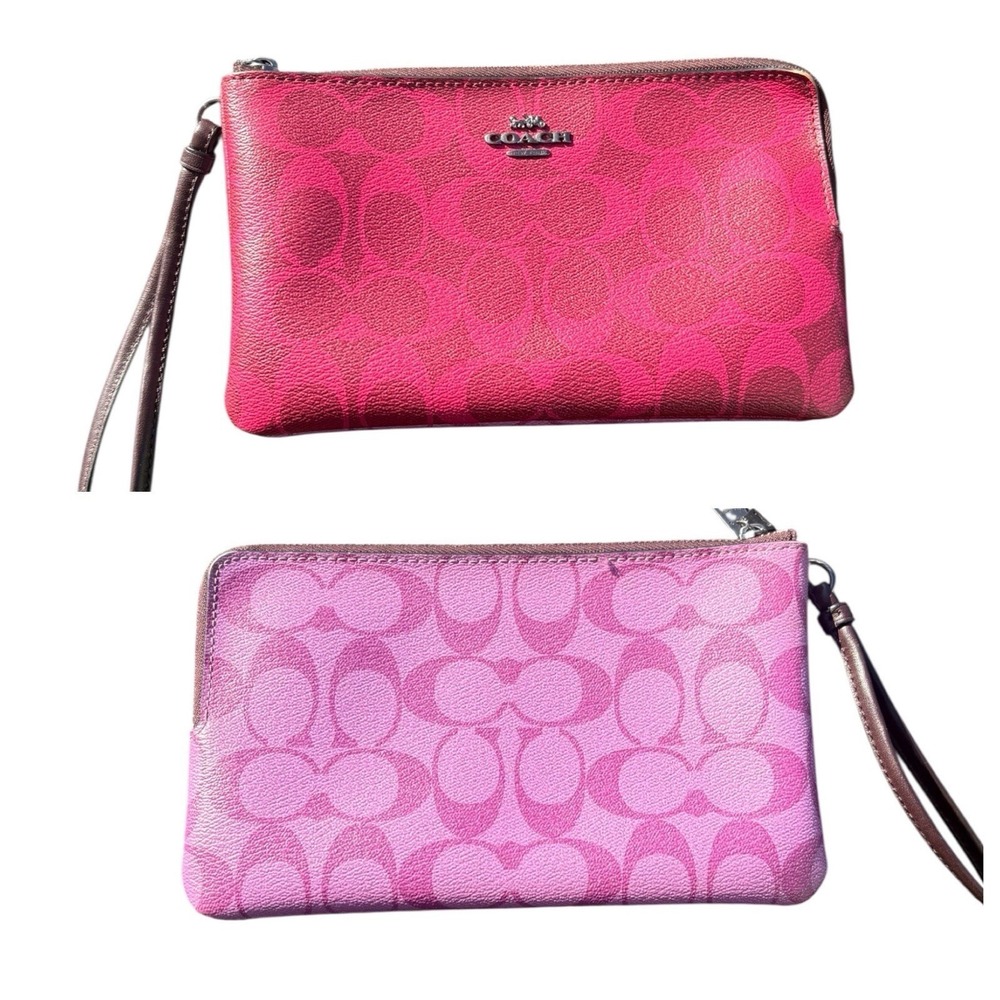 Coach Double Zip Pink & Red Signature Canvas Clutch Large Wallet Wristlet